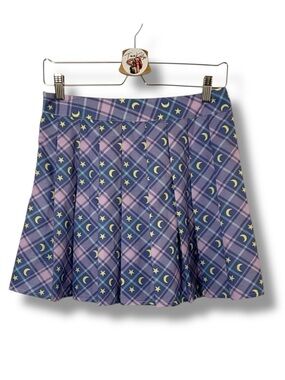 ROMWE Moon Stars Skater Skirt Purple Pink Yellow Plaid Mini Short Size Medium
